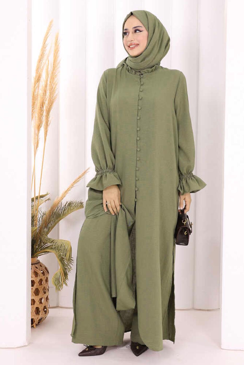 Tesettür giyim HAKİ ŞALLI PANTOLONLU TAKIM T 3208