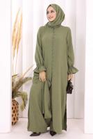 Tesettür giyim HAKİ ŞALLI PANTOLONLU TAKIM T 3208