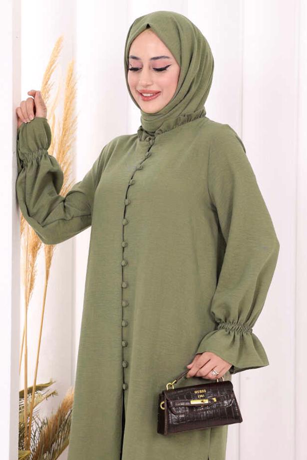 Tesettür giyim HAKİ ŞALLI PANTOLONLU TAKIM T 3208 - TRENDTESETTÜR