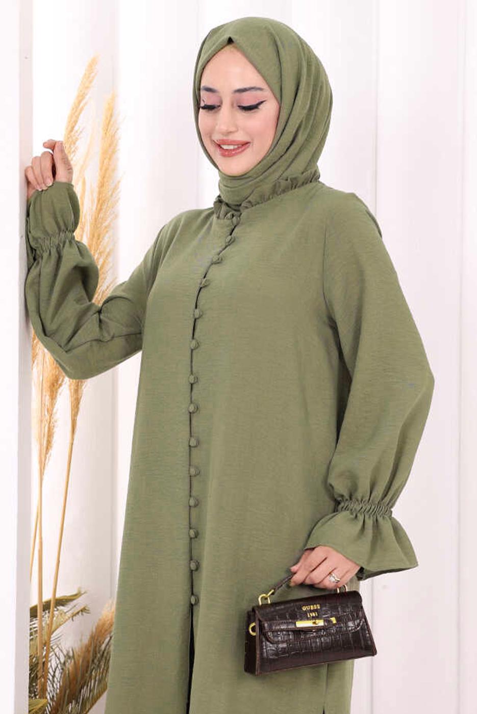 Tesettür giyim HAKİ ŞALLI PANTOLONLU TAKIM T 3208