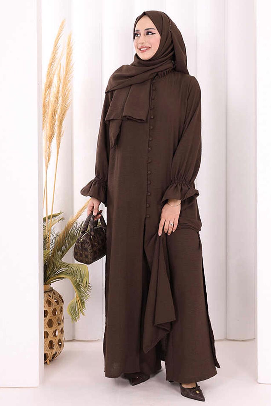 Tesettür giyim KAHVE ŞALLI PANTOLONLU TAKIM T 3208
