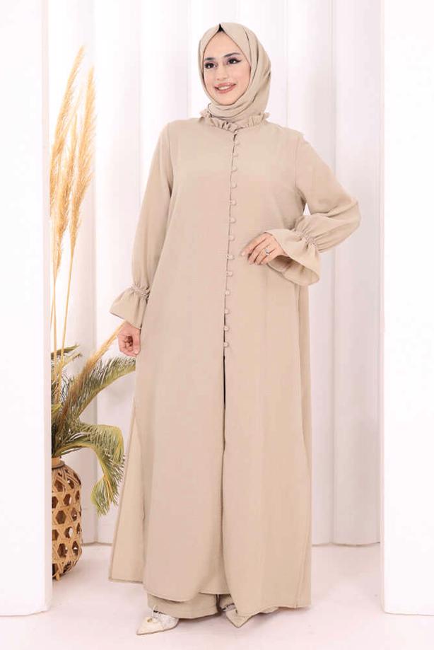 Tesettür giyim VİZON ŞALLI PANTOLONLU TAKIM T 3208 - TRENDTESETTÜR