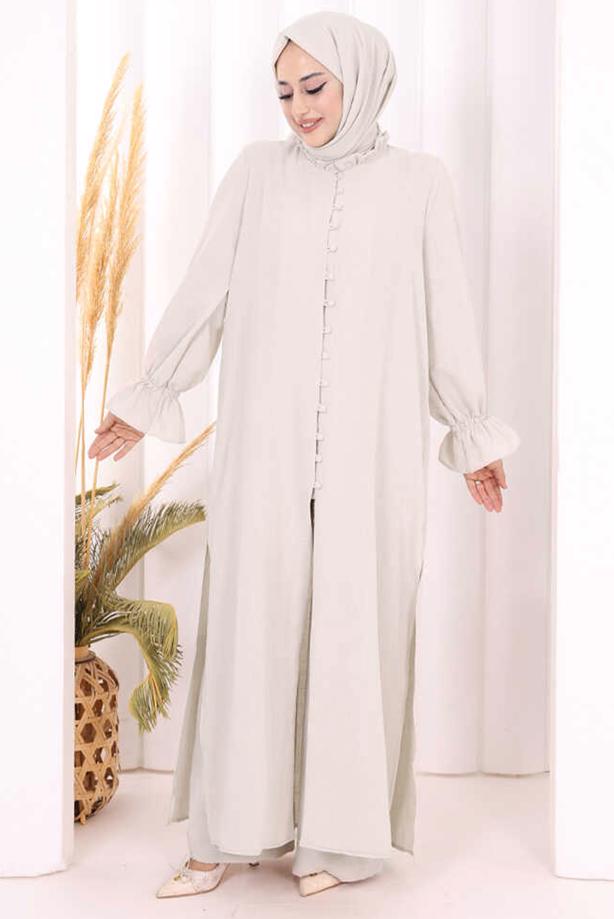 Tesettür giyim BEJ ŞALLI PANTOLONLU TAKIM T 3208 - TRENDTESETTÜR