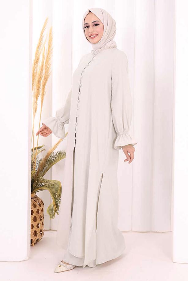 Tesettür giyim BEJ ŞALLI PANTOLONLU TAKIM T 3208 - TRENDTESETTÜR