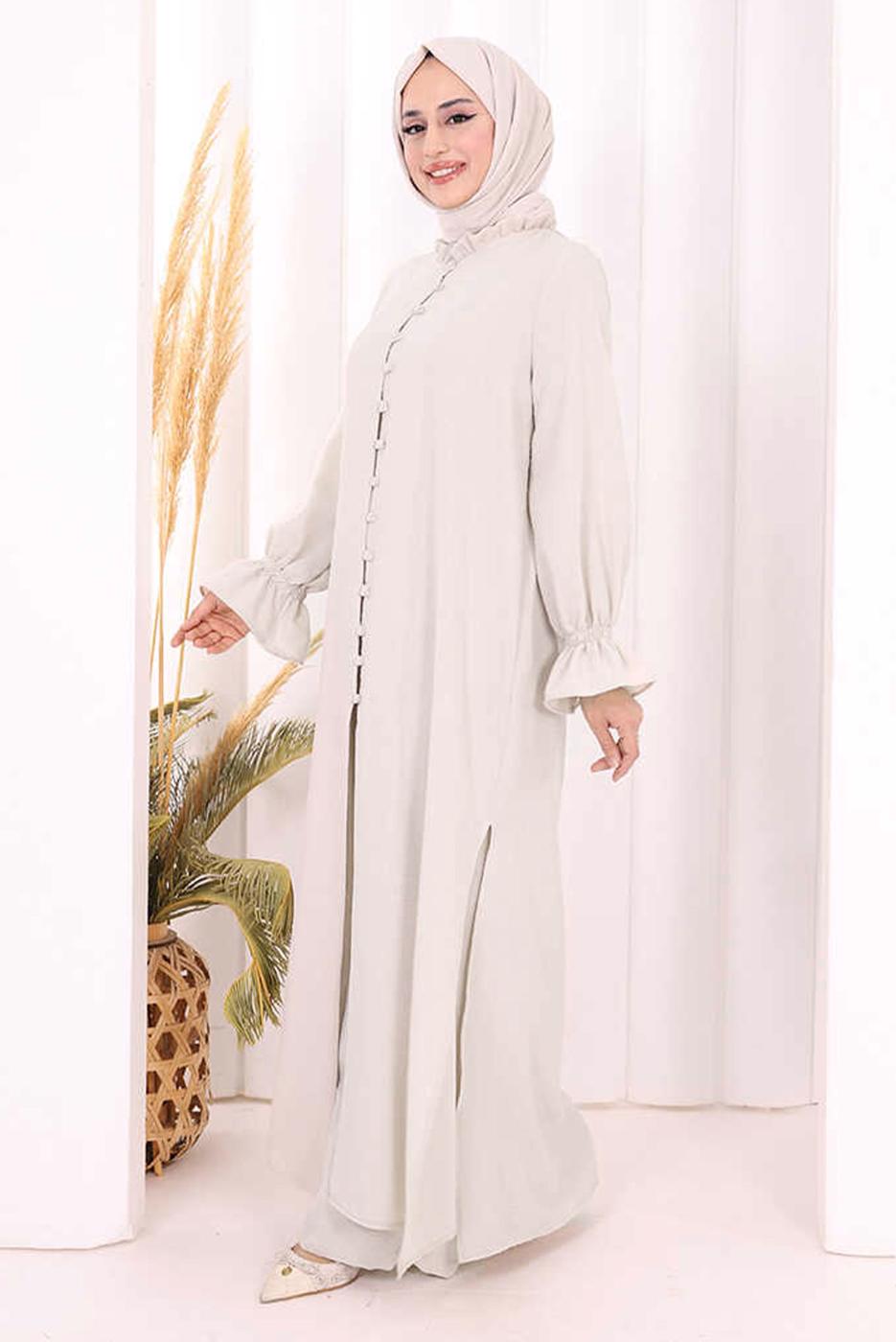 Tesettür giyim BEJ ŞALLI PANTOLONLU TAKIM T 3208