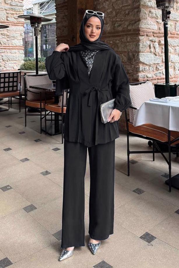 Vêtements hijab NOIR ENSEMBLE PANTALON DÉTAILLÉ FOULARD T 3522 - TRENDTESETTÜR
