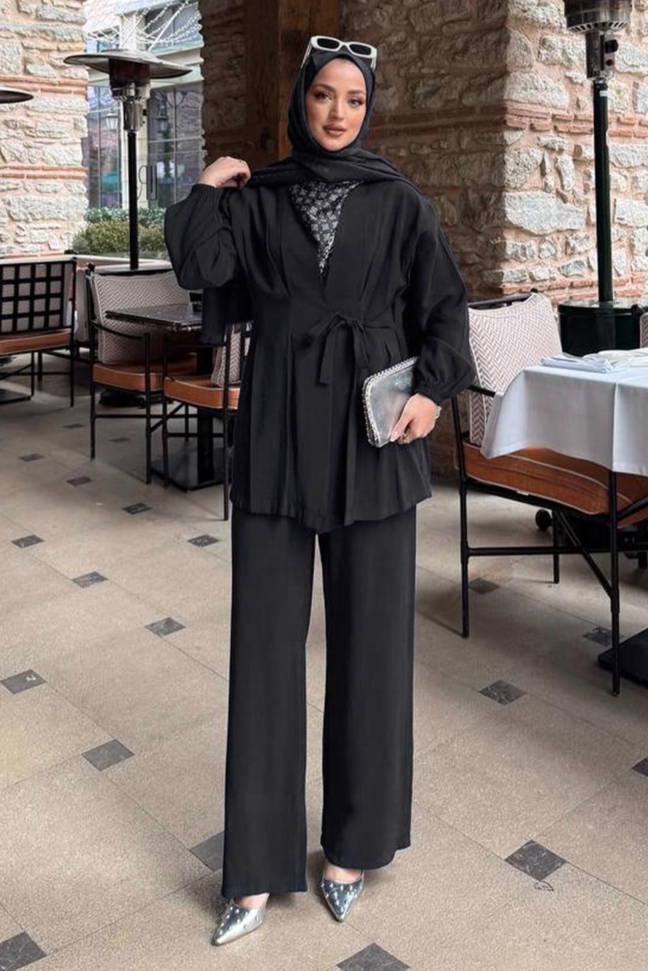 Vêtements hijab NOIR ENSEMBLE PANTALON DÉTAILLÉ FOULARD T 3522