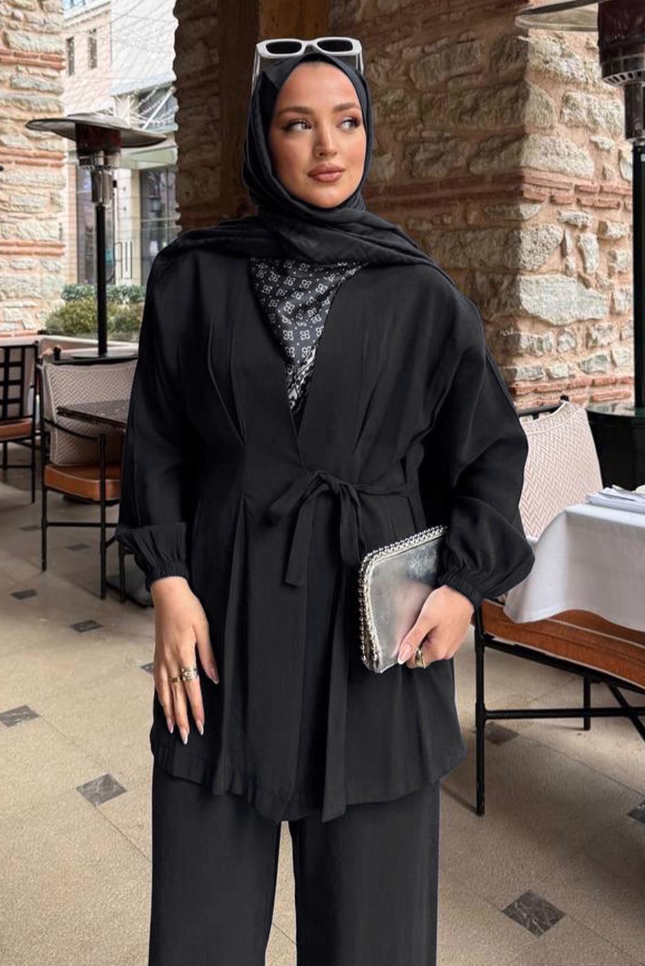 Vêtements hijab NOIR ENSEMBLE PANTALON DÉTAILLÉ FOULARD T 3522