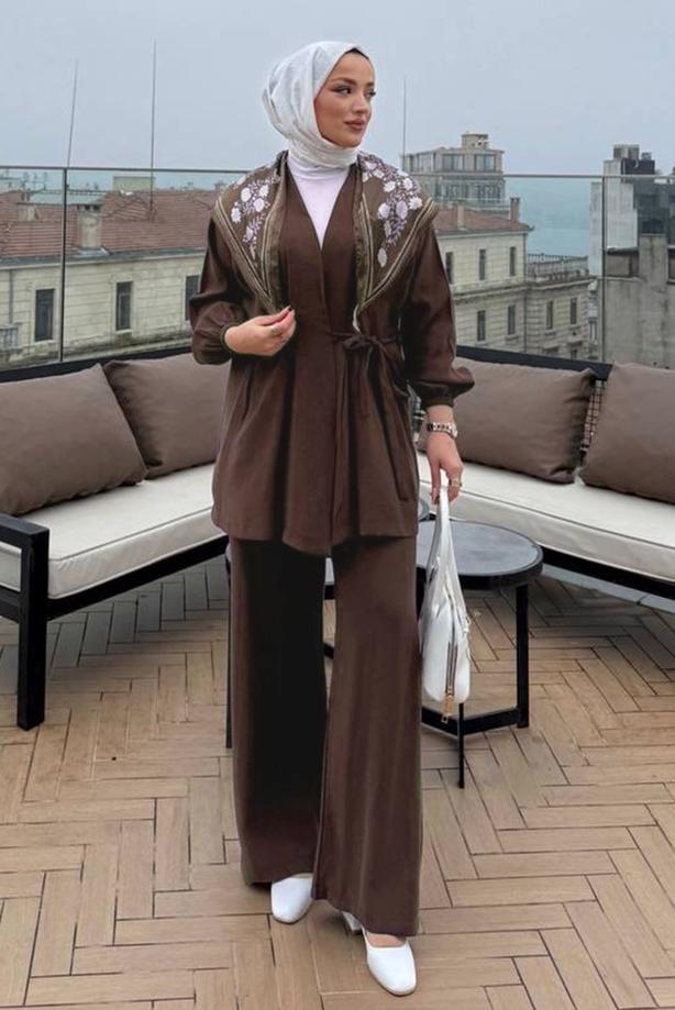 Vêtements hijab BRUN ENSEMBLE PANTALON DÉTAILLÉ FOULARD T 3522 - TRENDTESETTÜR