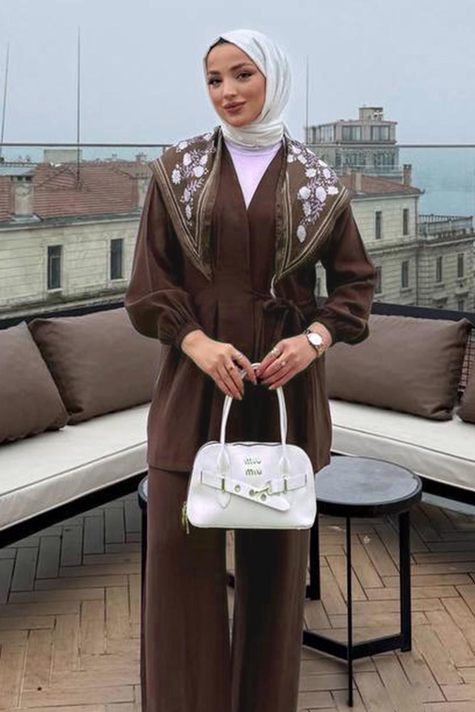 Vêtements hijab BRUN ENSEMBLE PANTALON DÉTAILLÉ FOULARD T 3522