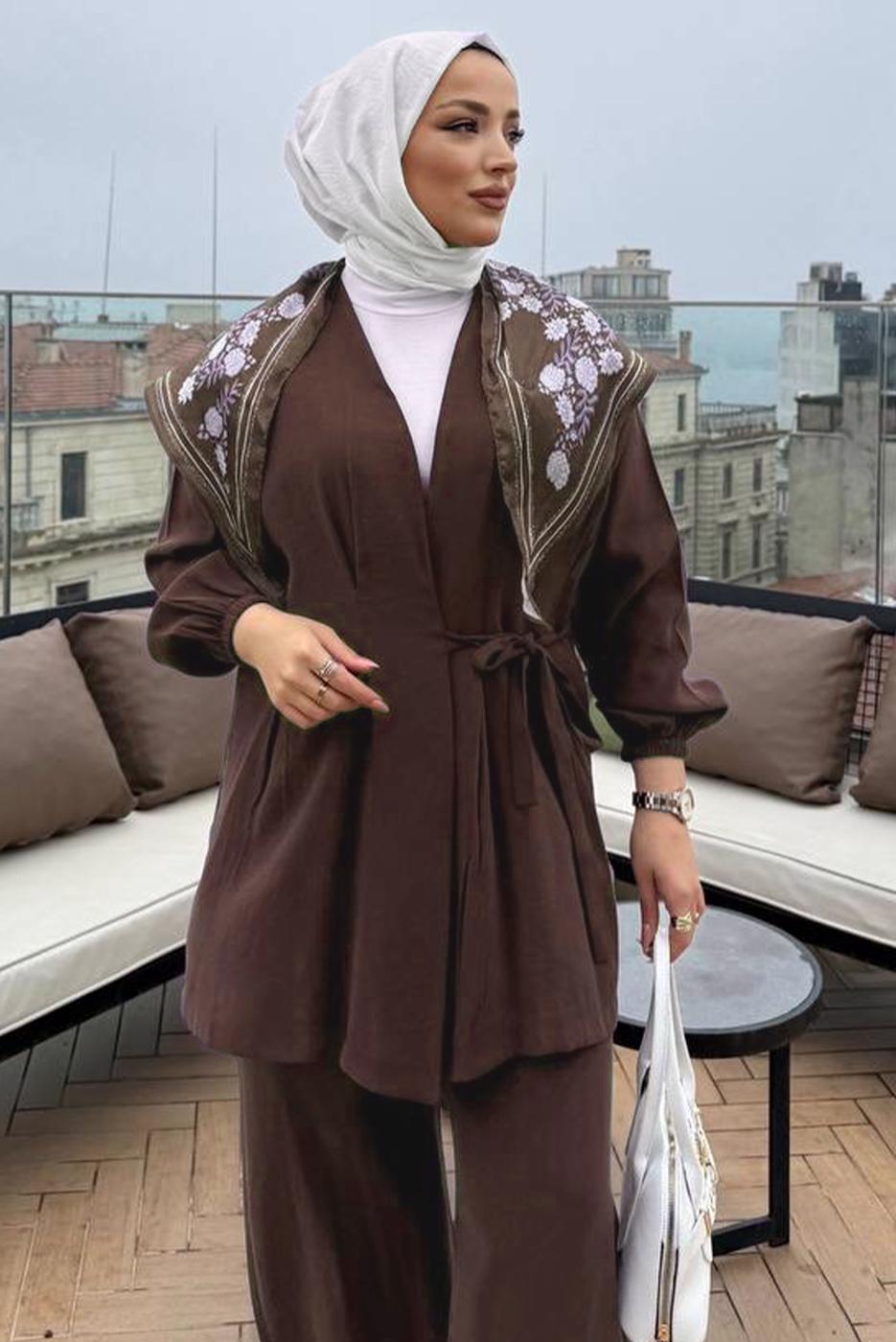Vêtements hijab BRUN ENSEMBLE PANTALON DÉTAILLÉ FOULARD T 3522