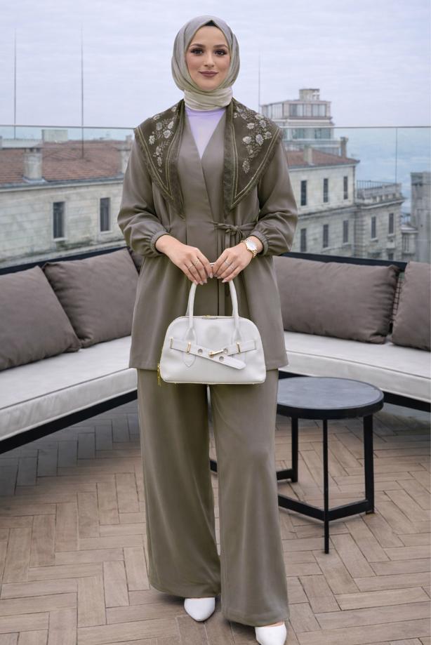 Vêtements hijab GRIS ENSEMBLE PANTALON DÉTAILLÉ FOULARD T 3522 - TRENDTESETTÜR