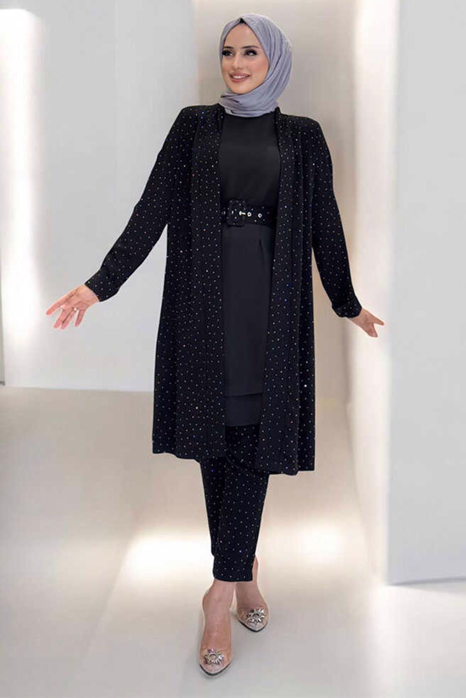 Hijab clothing BLACK BELTED GEM DETAILED PANTSUIT T 3868