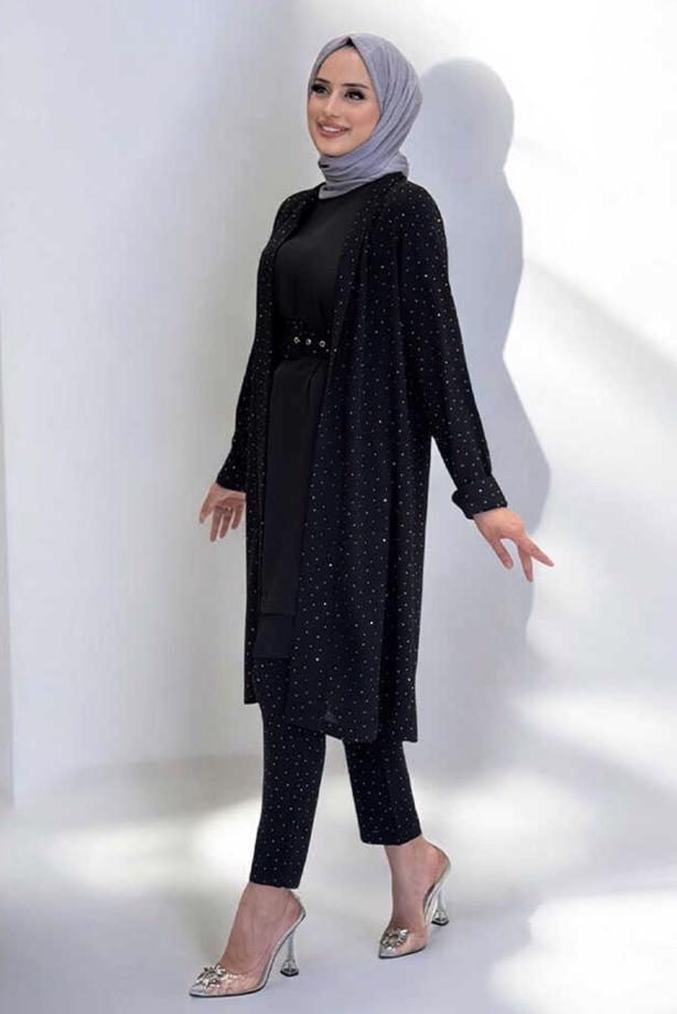 Hijab clothing BLACK BELTED GEM DETAILED PANTSUIT T 3868 - TRENDTESETTÜR