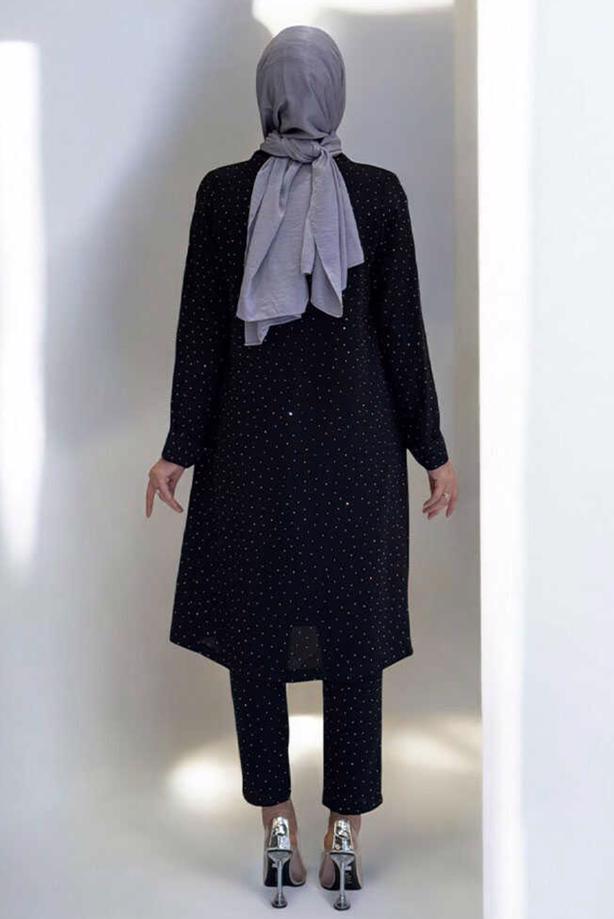 Hijab clothing BLACK BELTED GEM DETAILED PANTSUIT T 3868 - TRENDTESETTÜR