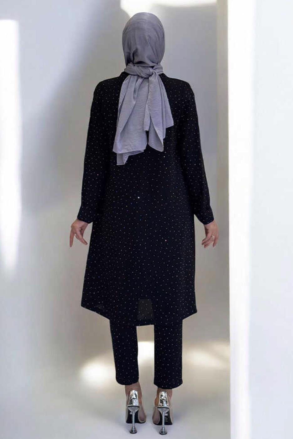 Hijab clothing BLACK BELTED GEM DETAILED PANTSUIT T 3868