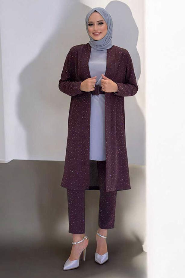 Hijab clothing CLARET RED BELTED GEM DETAILED PANTSUIT T 3868 - TRENDTESETTÜR