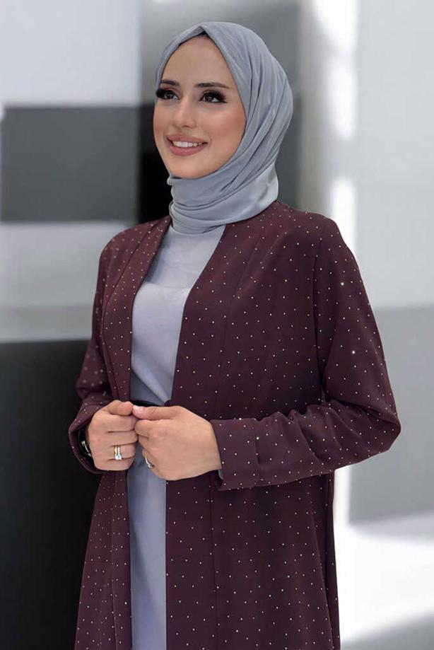 Hijab clothing CLARET RED BELTED GEM DETAILED PANTSUIT T 3868 - TRENDTESETTÜR