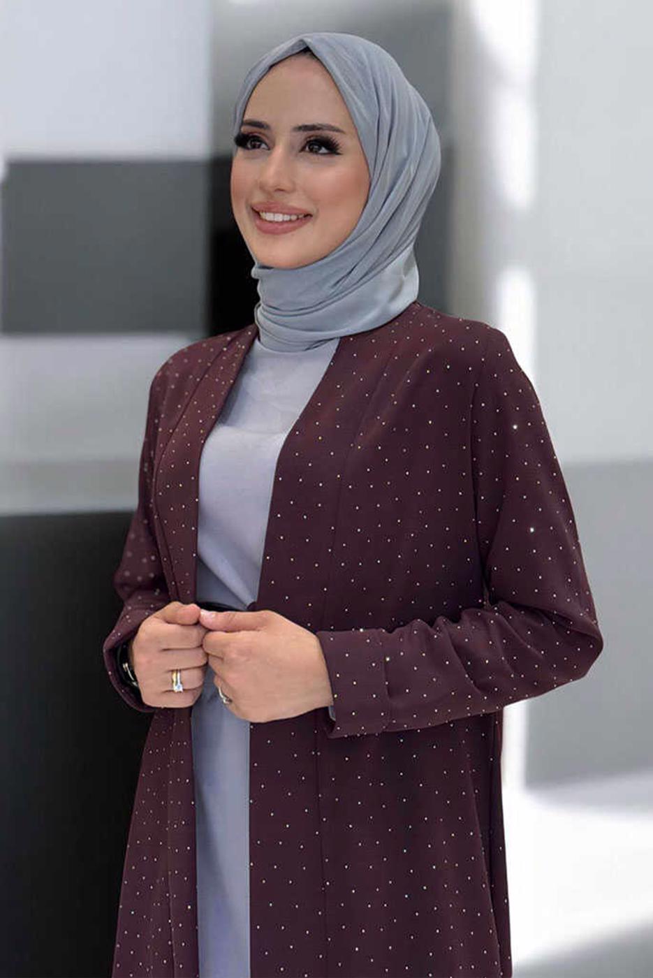 Hijab clothing CLARET RED BELTED GEM DETAILED PANTSUIT T 3868