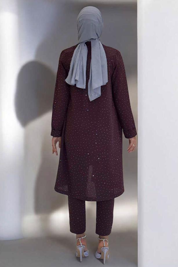 Hijab clothing CLARET RED BELTED GEM DETAILED PANTSUIT T 3868 - TRENDTESETTÜR