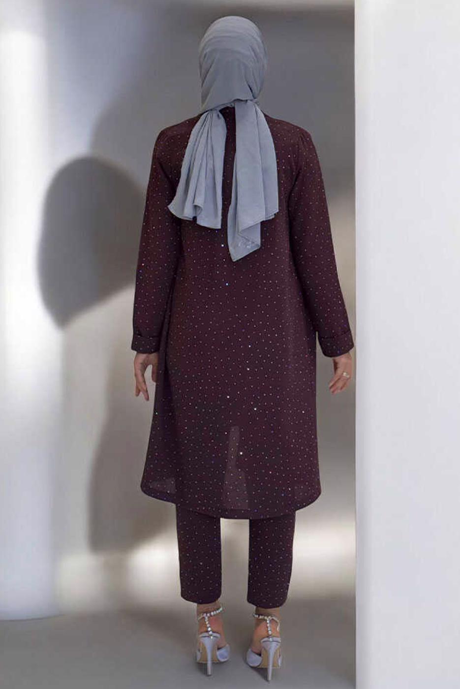 Hijab clothing CLARET RED BELTED GEM DETAILED PANTSUIT T 3868