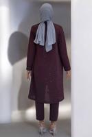 Hijab clothing CLARET RED BELTED GEM DETAILED PANTSUIT T 3868