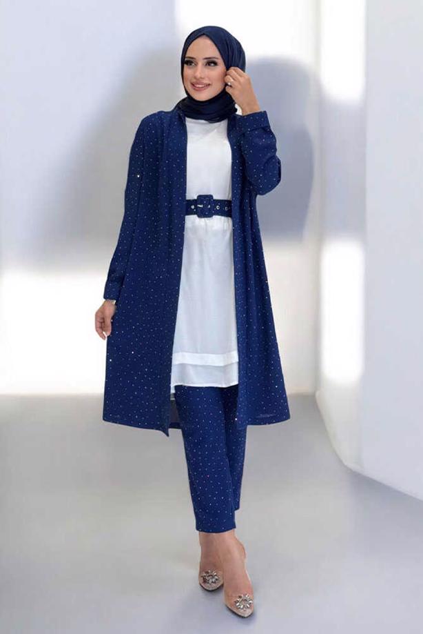 Hijab clothing NAVY BLUE BELTED GEM DETAILED PANTSUIT T 3868 - TRENDTESETTÜR