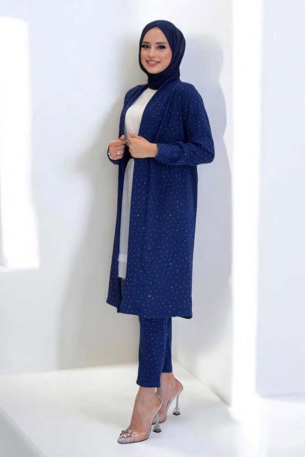 Hijab clothing NAVY BLUE BELTED GEM DETAILED PANTSUIT T 3868 - TRENDTESETTÜR