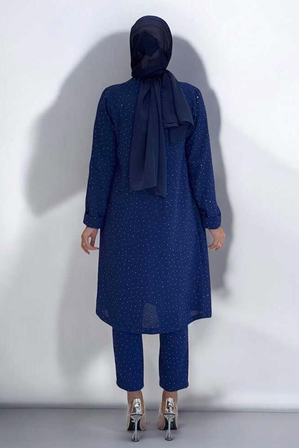 Hijab clothing NAVY BLUE BELTED GEM DETAILED PANTSUIT T 3868 - TRENDTESETTÜR