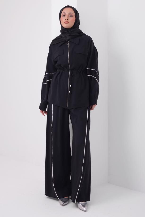 Tesettür giyim SİYAH ŞERİTLİ BELİ BAĞCIKLI TAKIM T 4127 - TRENDTESETTÜR