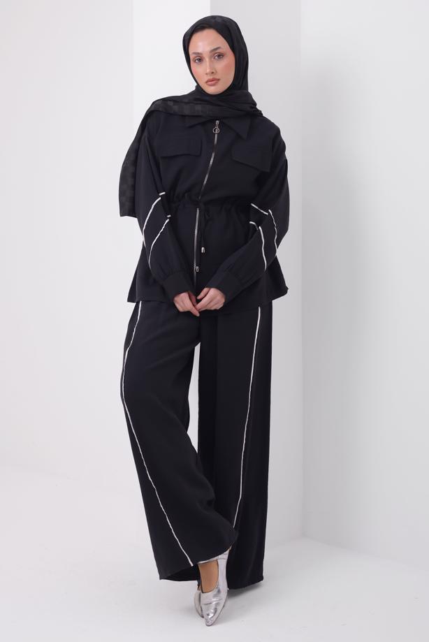 Tesettür giyim SİYAH ŞERİTLİ BELİ BAĞCIKLI TAKIM T 4127 - TRENDTESETTÜR