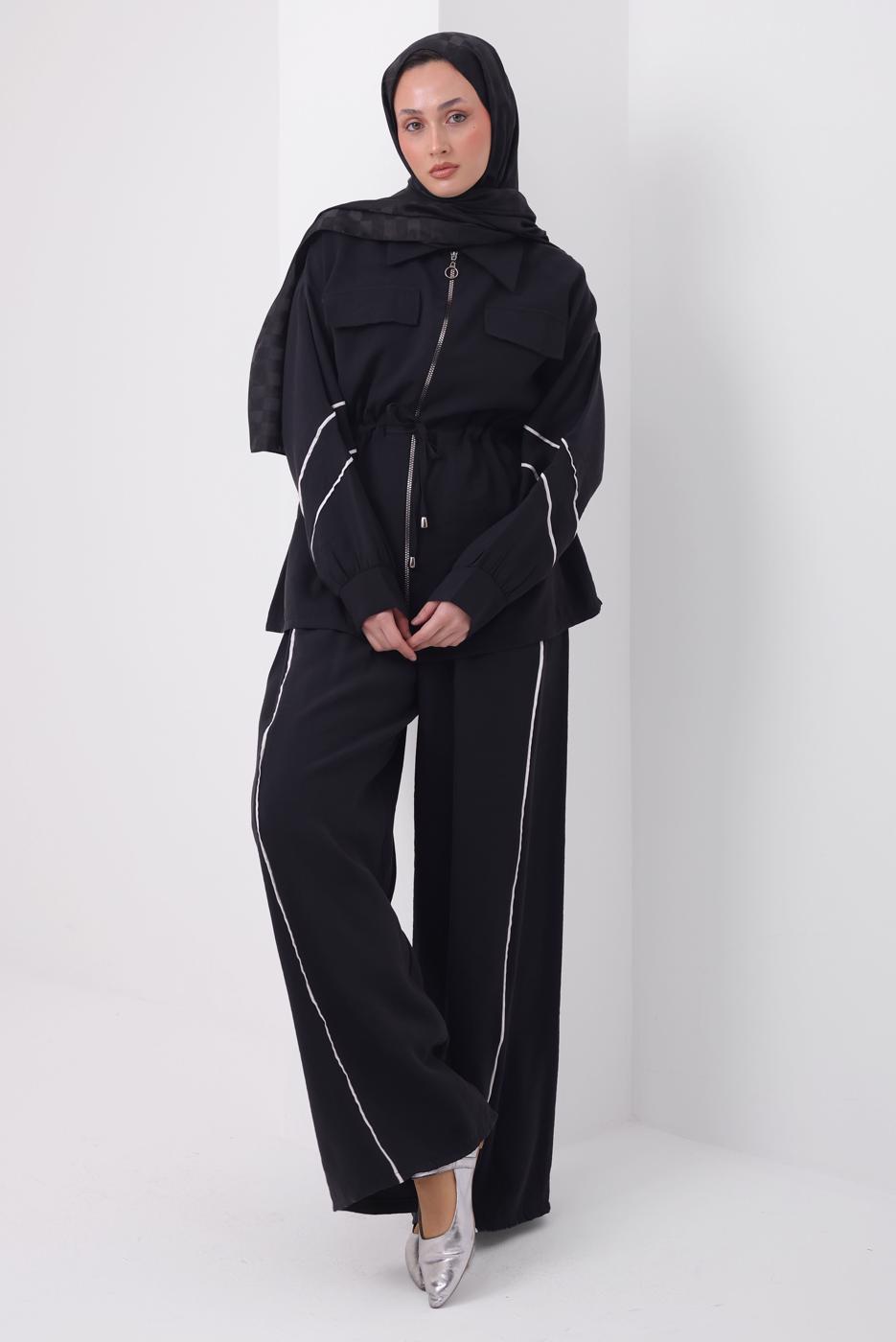 Tesettür giyim SİYAH ŞERİTLİ DİYAGONEL TAKIM T 4127