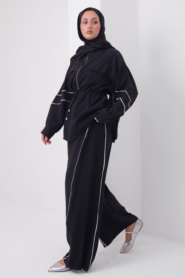 Tesettür giyim SİYAH ŞERİTLİ BELİ BAĞCIKLI TAKIM T 4127 - TRENDTESETTÜR