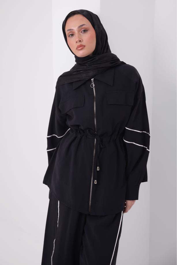 Tesettür giyim SİYAH ŞERİTLİ BELİ BAĞCIKLI TAKIM T 4127 - TRENDTESETTÜR