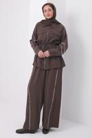 Tesettür giyim KAHVE ŞERİTLİ DİYAGONEL TAKIM T 4127