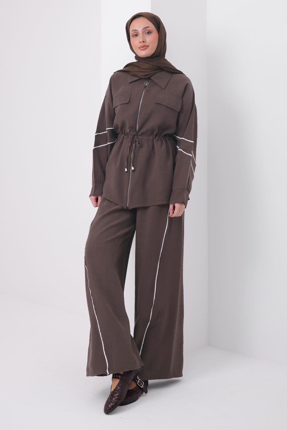 Tesettür giyim KAHVE ŞERİTLİ DİYAGONEL TAKIM T 4127