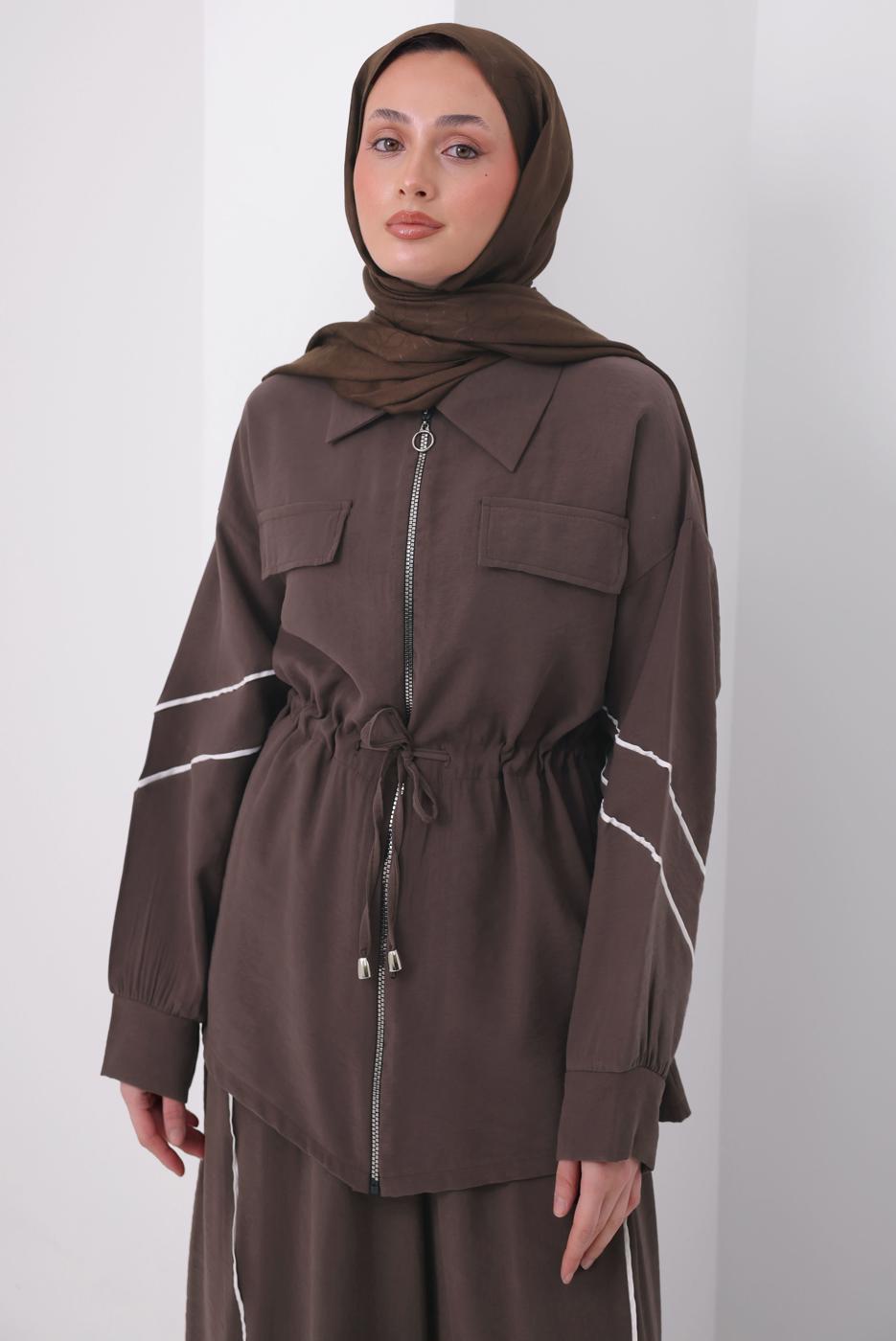 Tesettür giyim KAHVE ŞERİTLİ DİYAGONEL TAKIM T 4127