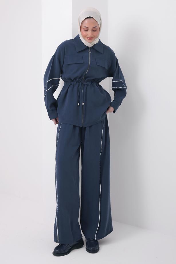 Tesettür giyim LACİVERT ŞERİTLİ BELİ BAĞCIKLI TAKIM T 4127 - TRENDTESETTÜR