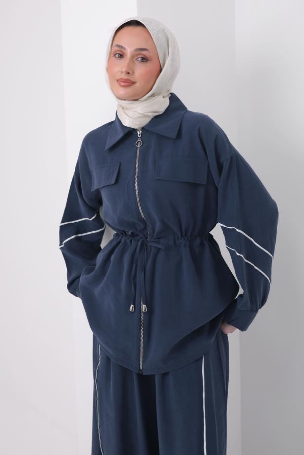 Tesettür giyim LACİVERT ŞERİTLİ BELİ BAĞCIKLI TAKIM T 4127 - TRENDTESETTÜR
