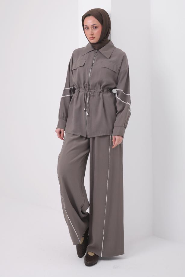 Tesettür giyim VİZON ŞERİTLİ BELİ BAĞCIKLI TAKIM T 4127 - TRENDTESETTÜR