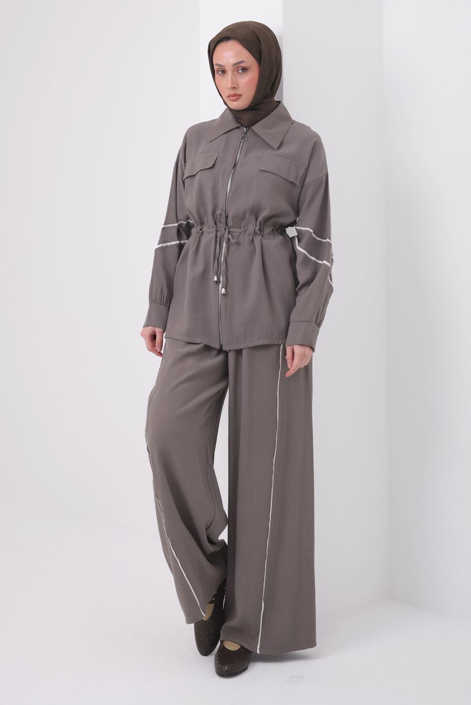Tesettür giyim VİZON ŞERİTLİ DİYAGONEL TAKIM T 4127