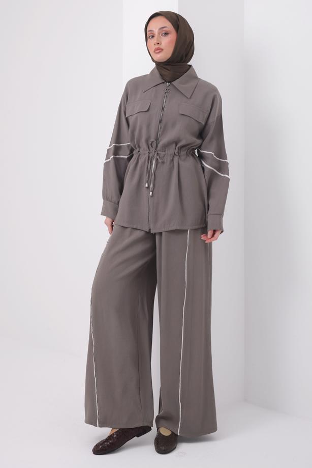 Tesettür giyim VİZON ŞERİTLİ BELİ BAĞCIKLI TAKIM T 4127 - TRENDTESETTÜR