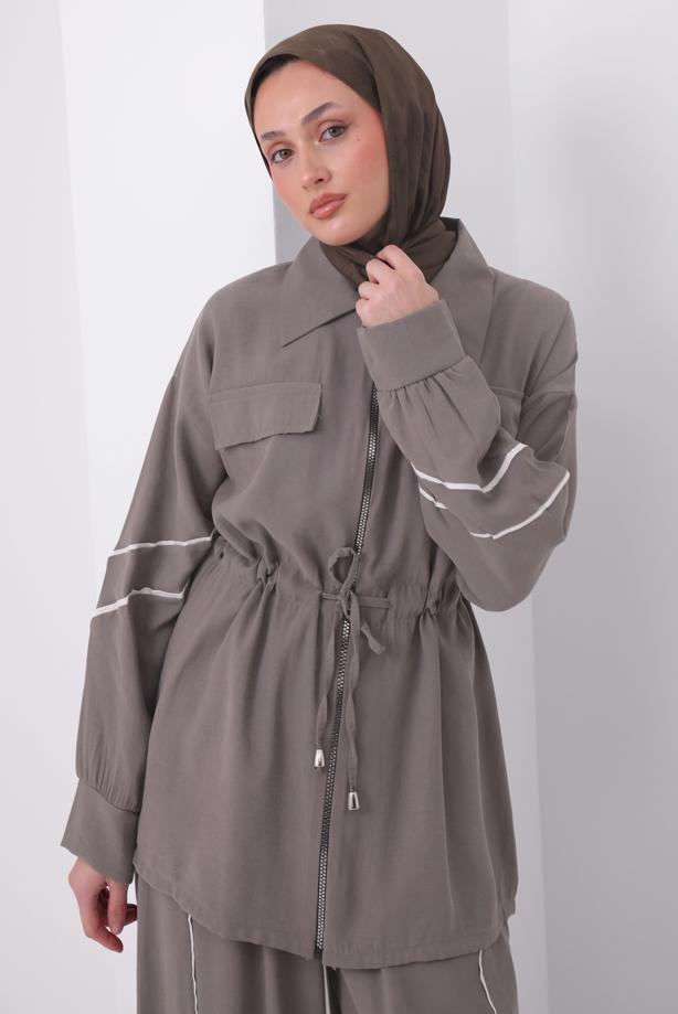 Tesettür giyim VİZON ŞERİTLİ BELİ BAĞCIKLI TAKIM T 4127 - TRENDTESETTÜR