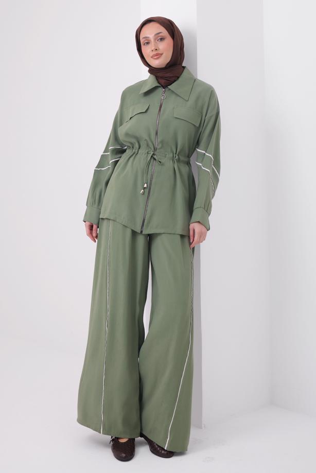 Tesettür giyim YEŞİL ŞERİTLİ BELİ BAĞCIKLI TAKIM T 4127 - TRENDTESETTÜR