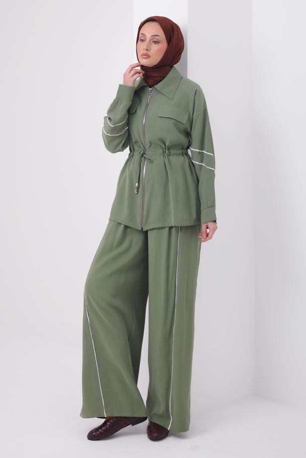 Tesettür giyim YEŞİL ŞERİTLİ BELİ BAĞCIKLI TAKIM T 4127 - TRENDTESETTÜR