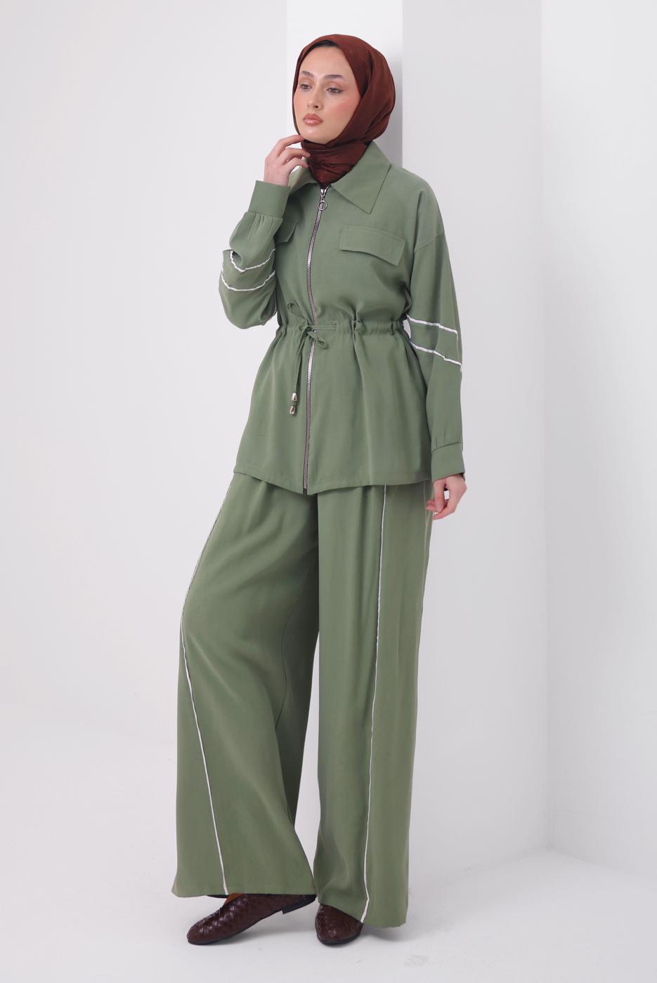 Tesettür giyim YEŞİL ŞERİTLİ DİYAGONEL TAKIM T 4127