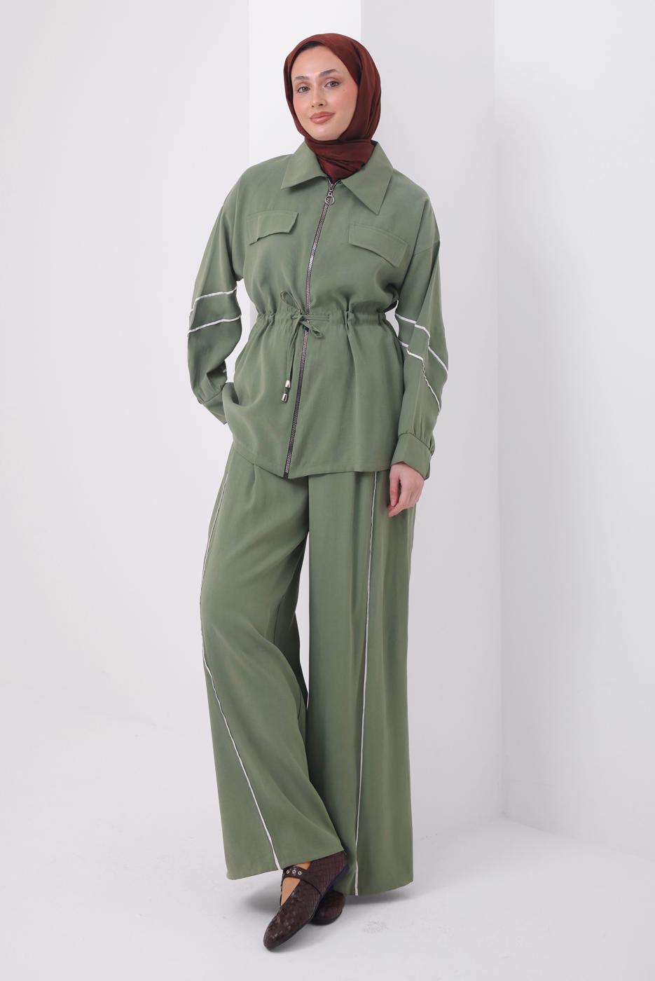 Tesettür giyim YEŞİL ŞERİTLİ DİYAGONEL TAKIM T 4127