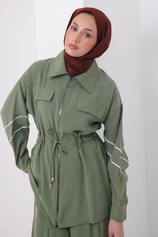 Tesettür giyim YEŞİL ŞERİTLİ BELİ BAĞCIKLI TAKIM T 4127 - TRENDTESETTÜR