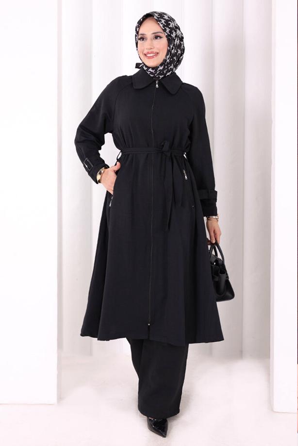 Hijab clothing BLACK BELTED PANTSUIT T 4707 - TRENDTESETTÜR