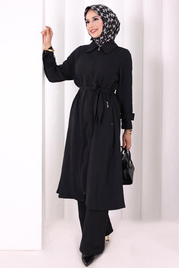 Hijab clothing BLACK BELTED PANTSUIT T 4707 - TRENDTESETTÜR